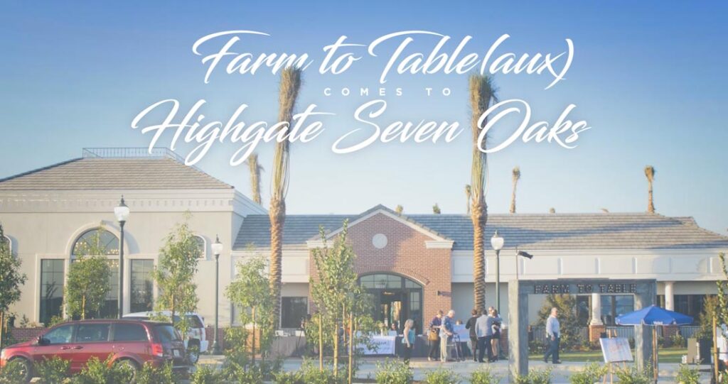 Outdoor event at highgate seven oaks with people dining at tables and a "farm to tableaux" sign overlaid on a sunny day, showcasing a modern building and parked cars.