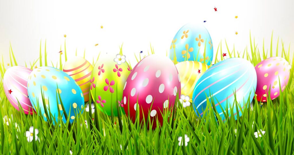 Colorful easter eggs with various patterns hidden in lush green grass, adorned with small white flowers and fluttering butterflies under a bright background.