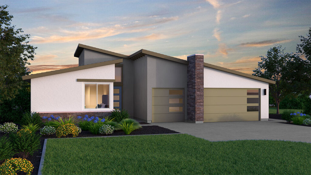 A modern single-story house with a clean design featuring a flat roof, large windows, and a two-car garage. the home is illuminated by soft evening light with landscaped gardens in the foreground.