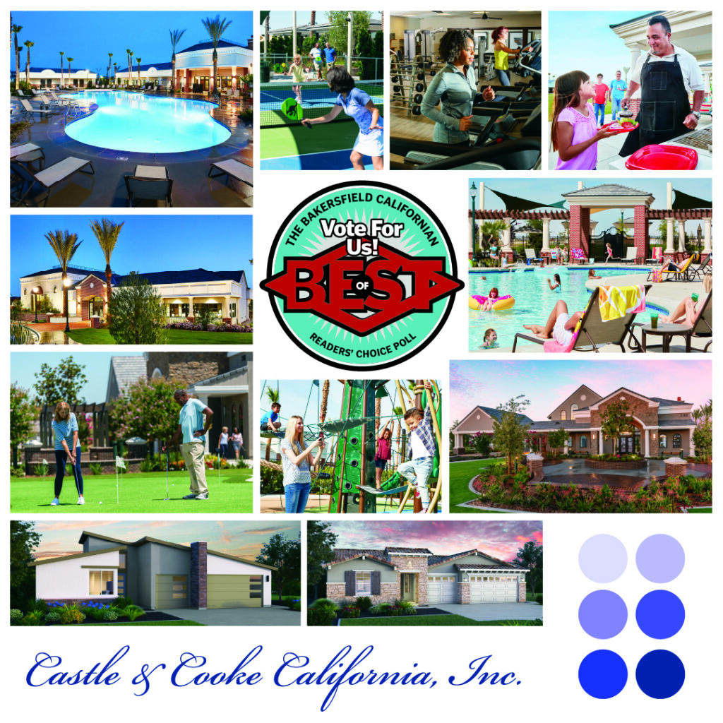Collage showcasing various amenities by castle & cooke california, inc., including a sparkling pool, residential homes, fitness center and outdoor leisure activities like golf and playgrounds, with a promotional badge.