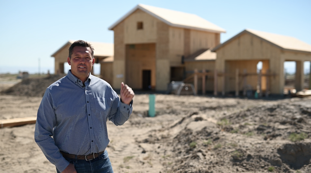 A man in a blue shirt is standing in front of a construction site with two unfinished wooden houses in the background on a sunny day.