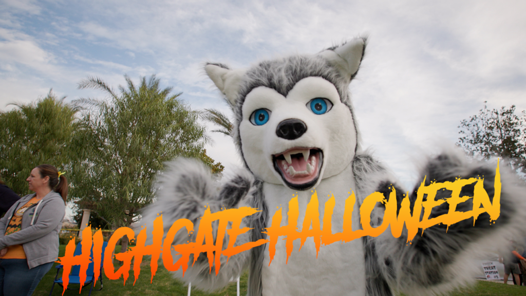 A person in a wolf costume with striking blue eyes and fluffy gray-and-white fur at an outdoor event, playfully reaching towards the camera. "#highgate halloween" text is overlaid in an orange font.