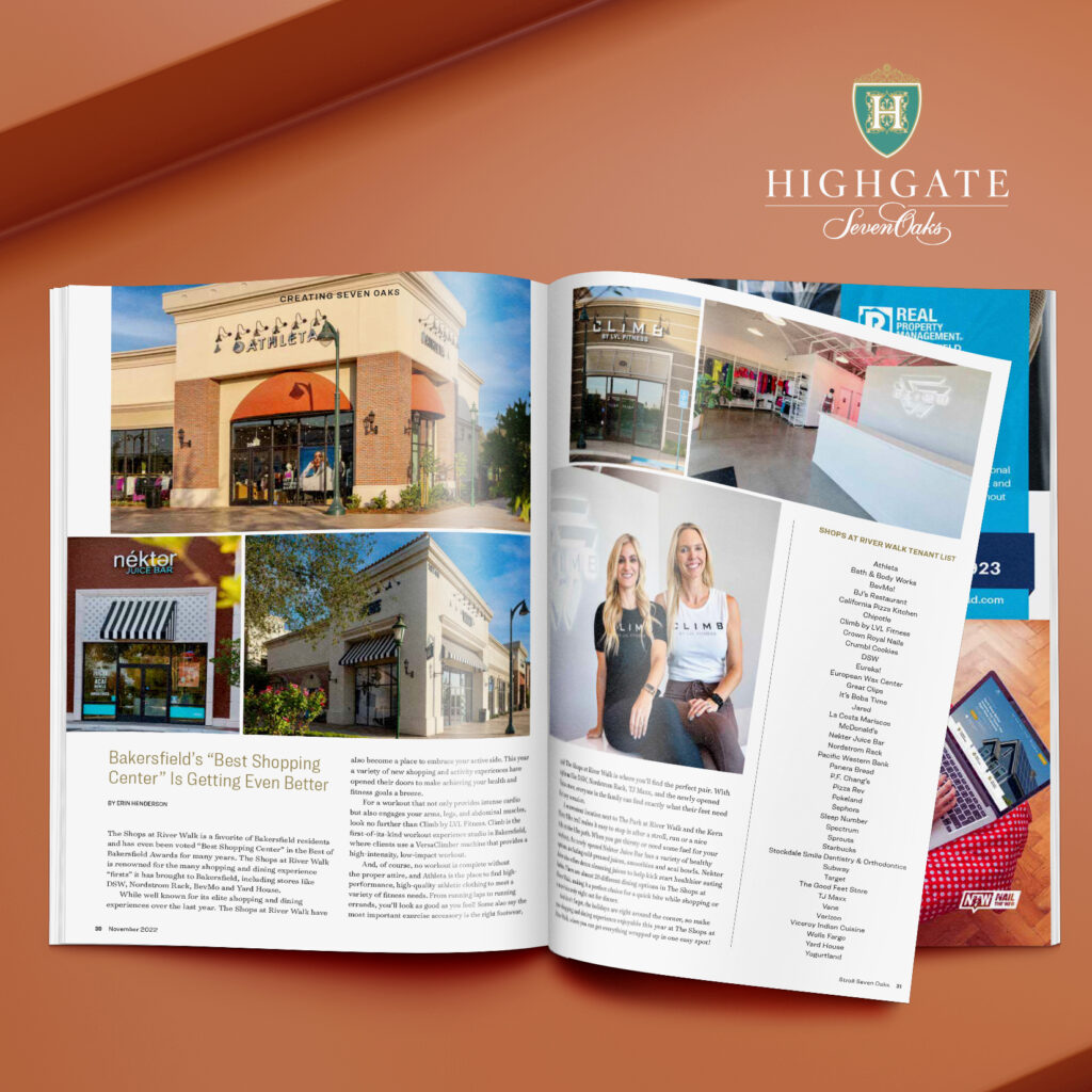 An open magazine spread from "highgate senior living" featuring images and information about bakersfield's shopping centers, with external views of shops and an interview with two women on one page.