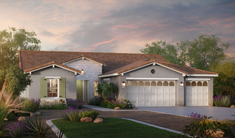 A modern single-story home with a double garage under a sunset sky, featuring stucco walls, tile roof, and landscaped garden with native plants and a paved driveway.