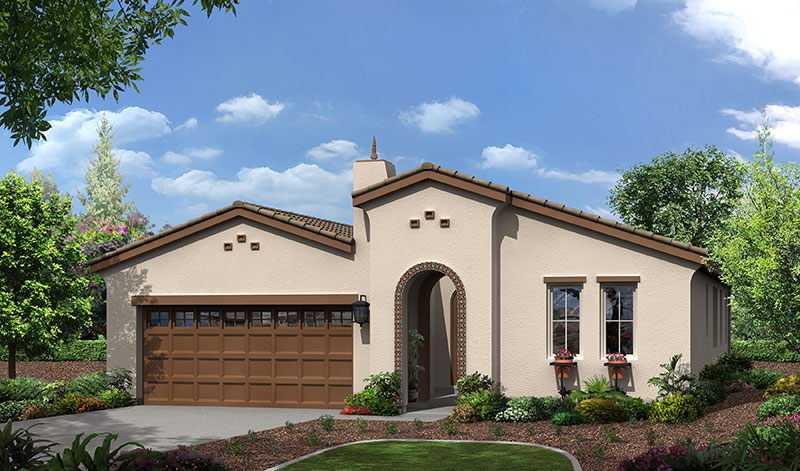A digital rendering of a one-story house with a beige stucco finish, brown tile roof, and a garage. landscaping includes a paved driveway and blooming plants.
