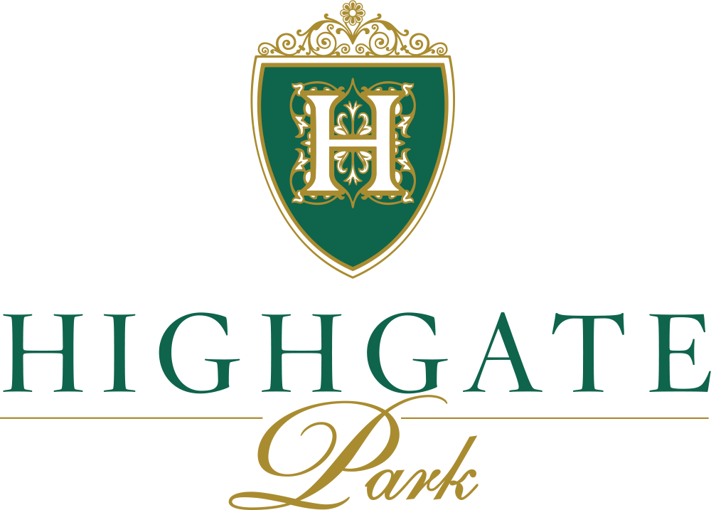 Logo of highgate park featuring an elegant shield with a fleur-de-lis design in gold and green, crowned by an ornamental element and flanked by the name in sophisticated gold script on a black background.