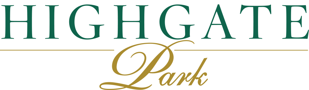 Logo of "highgate park" featuring elegant serif text in dark green, with "park" stylized in a gold script font on a white background.