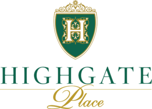 Logo of highgate place featuring an ornate shield with a green background and gold fleur-de-lis, topped by a crown, set against a black background with elegant gold text.
