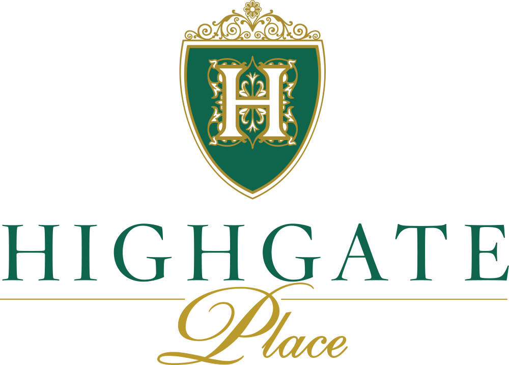 Logo of highgate place featuring an ornate shield with a green background and gold fleur-de-lis, topped by a crown, set against a black background with elegant gold text.