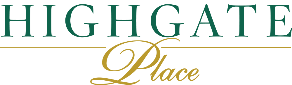 Logo of "highgate place" featuring elegant, dark green text for "highgate" and golden, cursive text for "place" underneath.