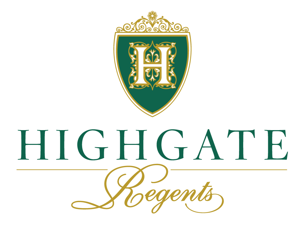 Logo of highgate regents featuring an ornate golden and green shield with floral designs on a black background, accompanied by the name "highgate regents" in gold serif font.