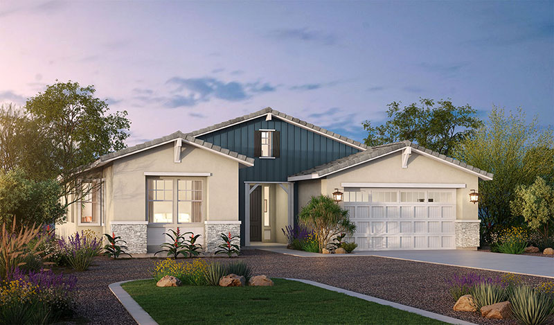 New single-story modern house with a neat front yard, featuring a white garage door, a dark roof, and landscaped with colorful plants under a twilight sky.