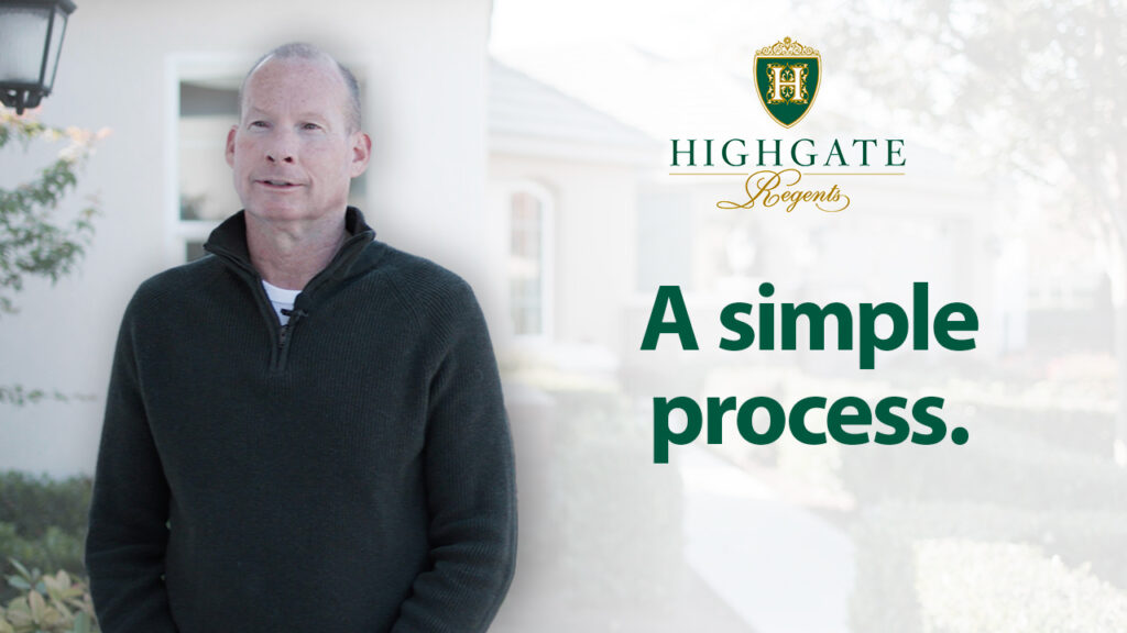 A middle-aged caucasian man stands in front of a house, wearing a dark sweater. the image includes a logo for "highgate regents" and the text "a simple process.