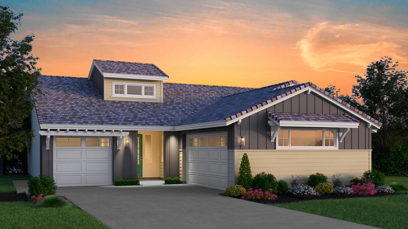 A modern suburban home at dusk, featuring a two-car garage, manicured lawn, and colorful flowers, under a vibrant sunset sky.