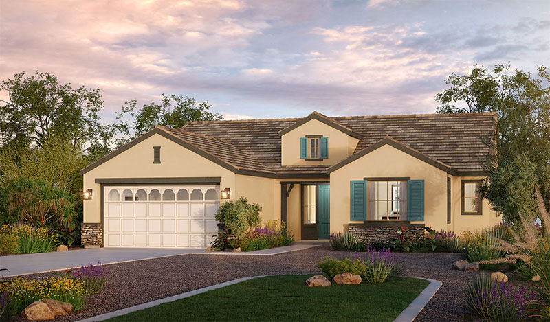 A charming single-story house with a beige exterior and teal accents around windows, featuring a two-car garage and a landscaped front yard at twilight.