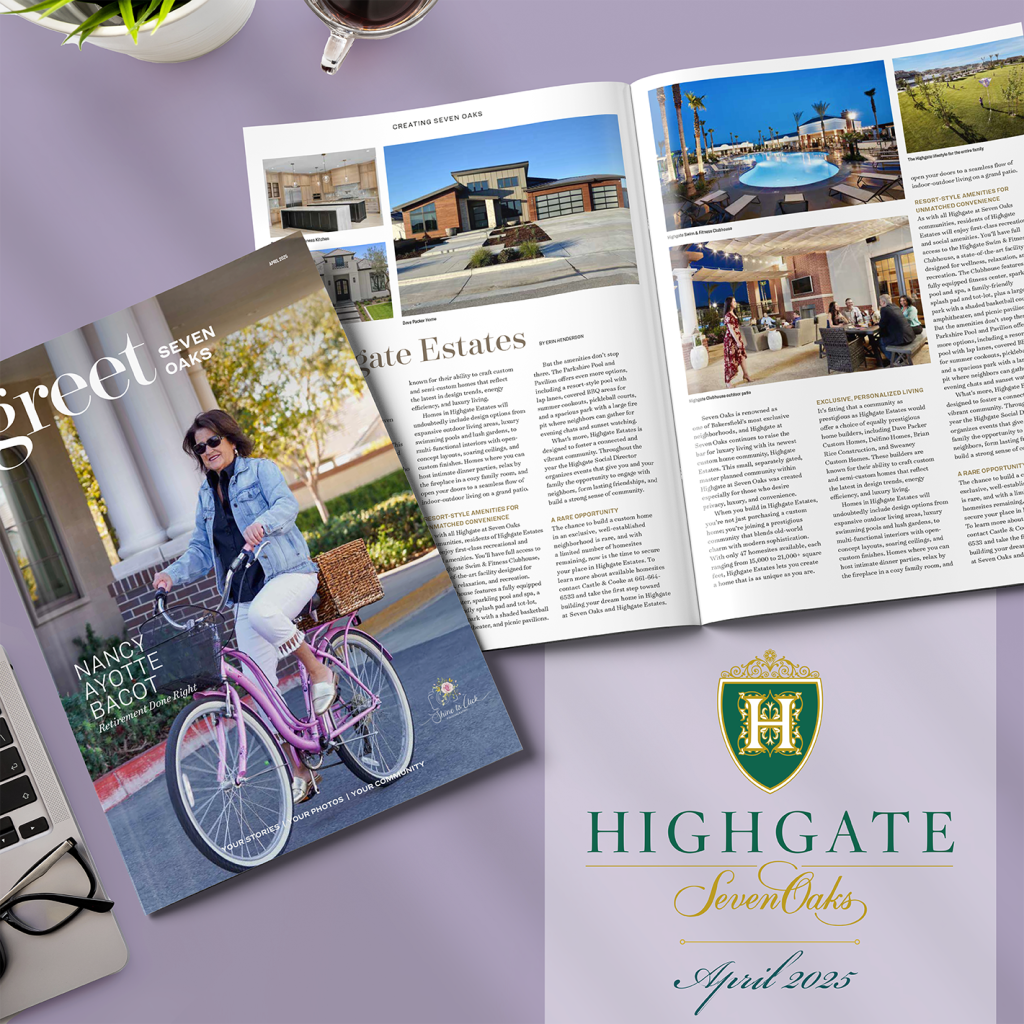 A magazine titled "Highgate Seven Oaks" features a cover with a woman riding a pink bicycle. Nearby, the magazine is open to an article about "Highgate Estates," showcasing houses and a pool. The Highgate Seven Oaks logo and "April 2025" date are displayed.