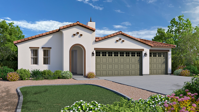 A modern single-story house with a white stucco exterior, red-tiled roof, arched entryway, and three-car garage, surrounded by landscaping and greenery under a blue sky with scattered clouds.
