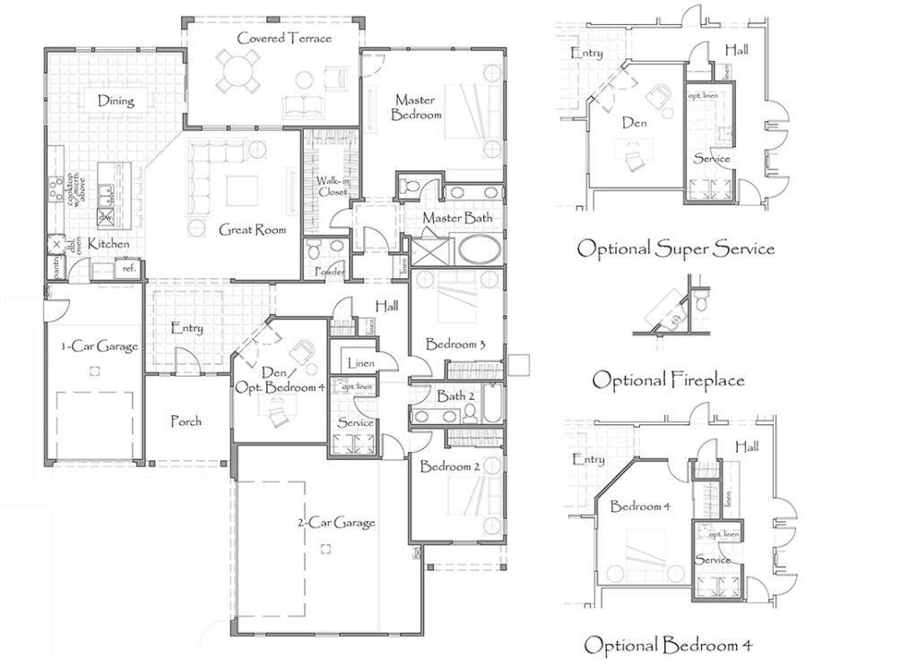 Black and white floor plan of a single-story house featuring multiple bedrooms, a great room, kitchen, dining area, and garage; with optional layouts for service suite, fireplace, and a fourth bedroom.