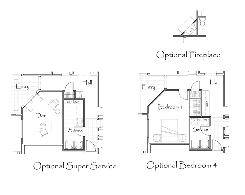 Black and white floor plan diagrams showing two layout options: one with a den and super service area, and the other with an optional bedroom 4. Insets show an entry, hall, service, linen closet, and optional fireplace.