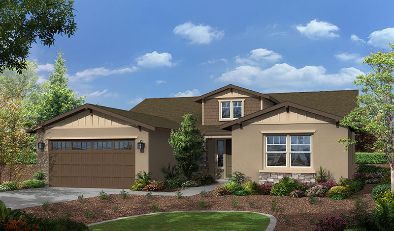 Single-story suburban house with brown siding, dark brown roof, and a double garage. Landscaped front yard with shrubs, flowers, and trees under a blue sky with scattered clouds.