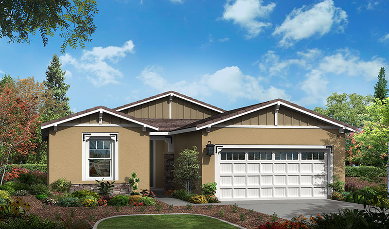 Single-story suburban house with tan walls, white trim, and a double garage. The home is surrounded by a well-maintained garden and green trees under a bright blue sky with scattered clouds.
