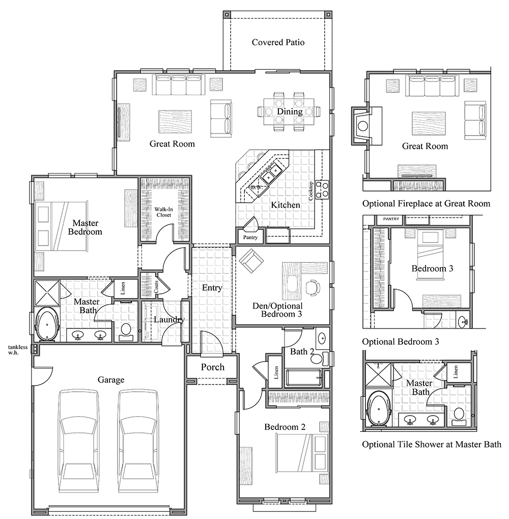 Black-and-white floor plan of a house with 3 bedrooms, 2 bathrooms, kitchen, dining, great room, laundry, garage, porch, and covered patio. Includes optional layouts for a fireplace, a third bedroom, and a master bath upgrade.
