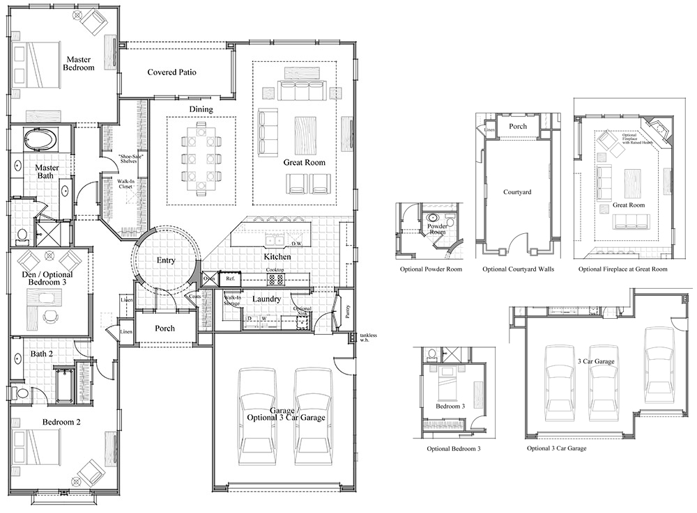Black-and-white architectural floor plan of a single-story home with three bedrooms, two baths, kitchen, dining, great room, laundry, garage, patios, and several optional room layouts shown on the right side.