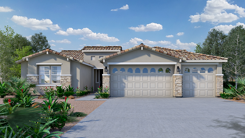 Single-story suburban house with a three-car garage, stone accents, and a tiled roof. The front yard is landscaped with green plants and shrubs, set under a blue sky with scattered clouds.