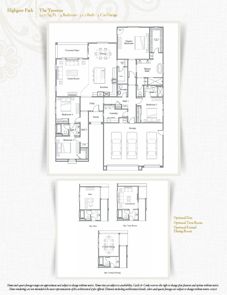 Floor plan for a large single-story home, showing five bedrooms, 3.5 bathrooms, a three-car garage, open kitchen and living areas, covered patio, study, and optional flex spaces such as a game room, formal dining, and teen room.