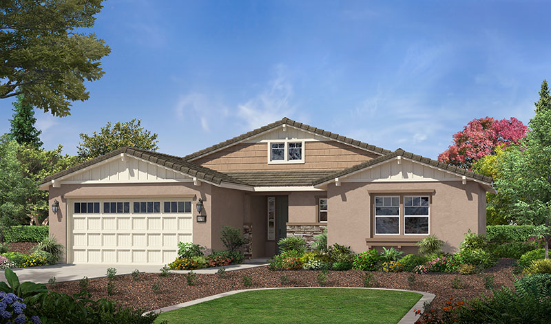 Single-story suburban house with a beige exterior, brown tiled roof, two-car garage, front lawn, landscaped garden, and trees in the background under a blue sky with some clouds.