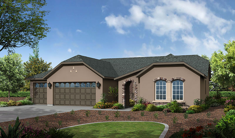 Single-story house with a three-car garage, arched entryway, and tan exterior. The front yard features green grass, shrubs, and colorful plants under a blue sky with scattered clouds.