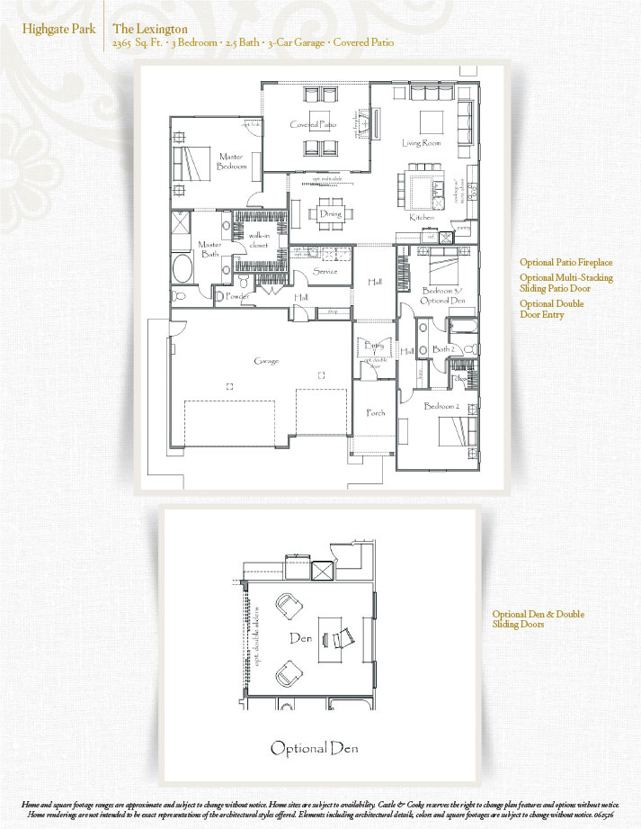 Black and white floor plan of a single-story home labeled "The Lexington," showing multiple bedrooms, bathrooms, a kitchen, living areas, a 3-car garage, and an optional den with sliding doors. Optional features are listed on the right.