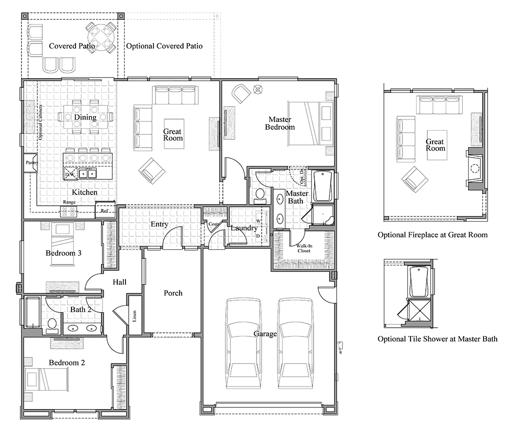 Floor plan of a single-story house featuring three bedrooms, two bathrooms, a great room, kitchen, dining area, laundry, garage, porch, and optional covered patio, fireplace in the great room, and tile shower in the master bath.