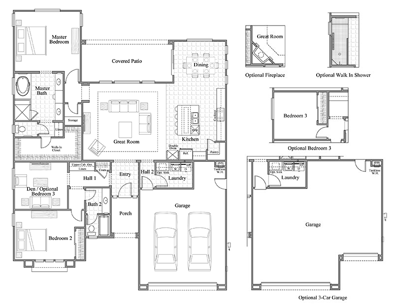 Black-and-white floor plan of a single-story house showing bedrooms, bathrooms, kitchen, dining, great room, laundry, den, covered patio, porch, 2-car garage, and optional layouts for a 3-car garage, extra bedroom, and fireplace.