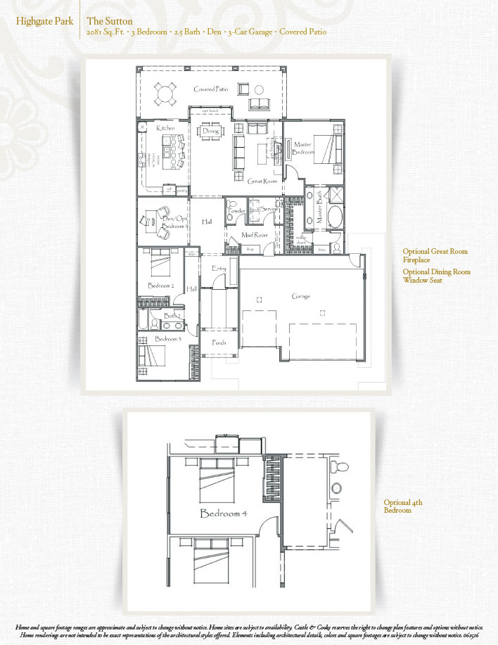 Black and white floor plan for a house labeled "The Sutton," featuring 4 bedrooms, 4.5 baths, a den, a 3-car garage, covered patio, and optional rooms, with a separate layout for an optional 4th bedroom.