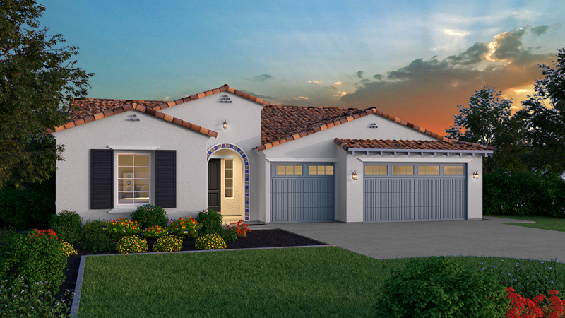 Single-story house with white stucco exterior, red tile roof, blue-gray shutters, a three-car garage, arched entryway, and a well-kept yard with green grass and colorful flowers at sunset.