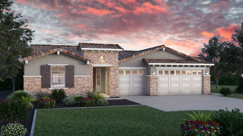 Single-story house with stone accents, a tiled roof, three-car garage, and landscaped front yard, set against a dramatic sunset sky with colorful clouds.