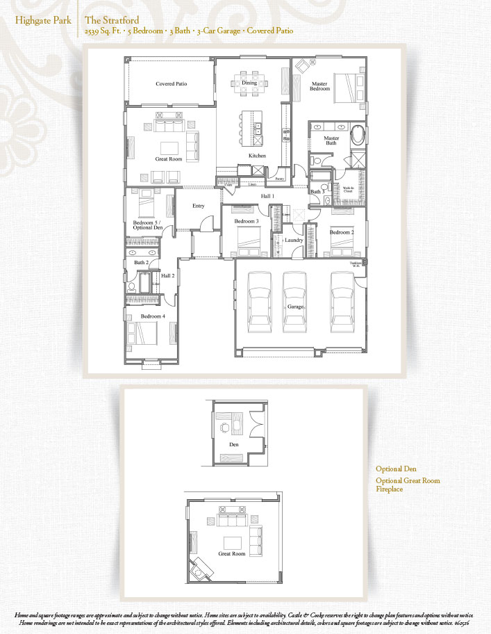 Black and white floor plan of a single-story home with 5 bedrooms, 3 bathrooms, a 3-car garage, covered patio, and optional spaces for a den and great room shown below the main layout.
