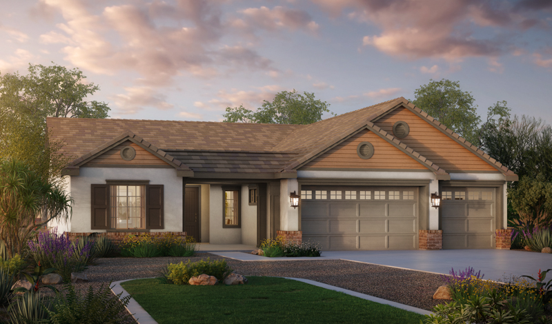 Single-story house with a gable roof, three-car garage, brick and wood accents, large windows, and landscaped front yard with rocks, grass, and shrubs under a partly cloudy sky at sunset.
