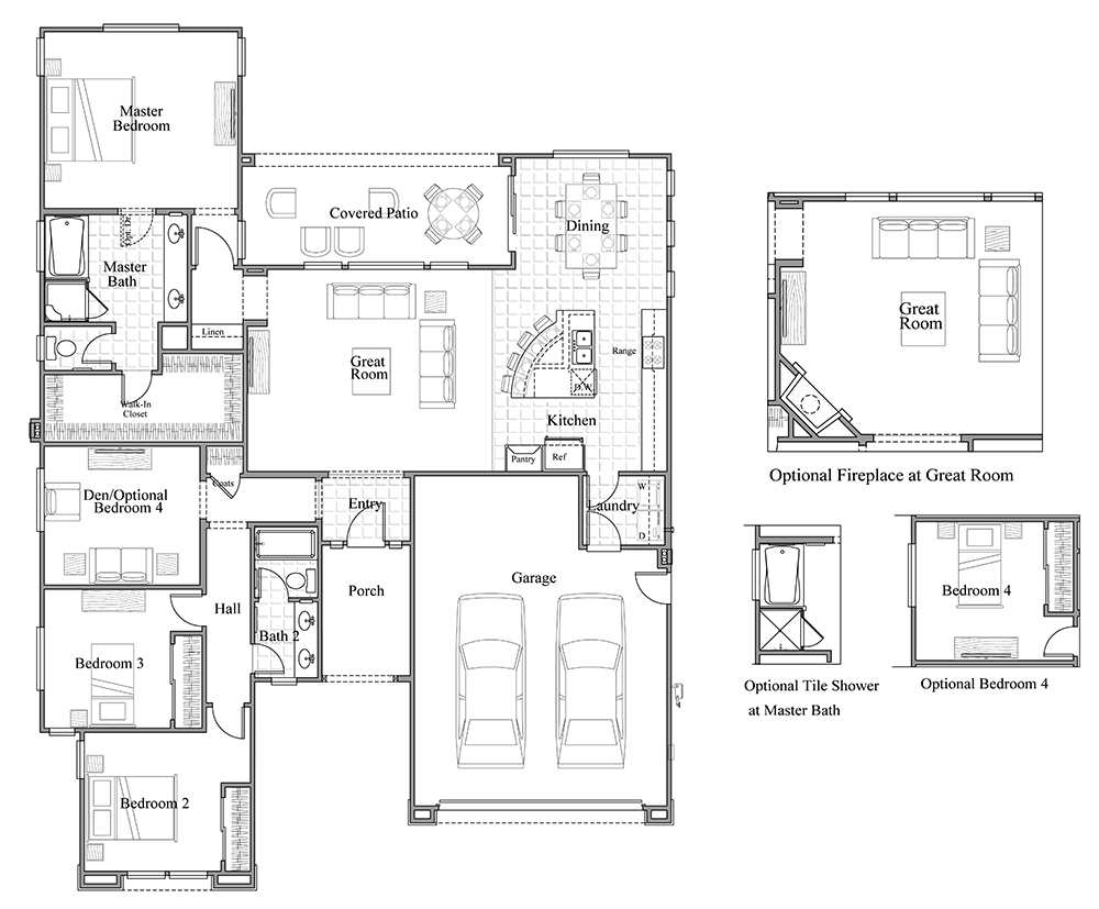 Black and white floor plan of a single-story house featuring a garage, porch, kitchen, dining area, great room, covered patio, four bedrooms, master bath, hall bath, and optional layout features.