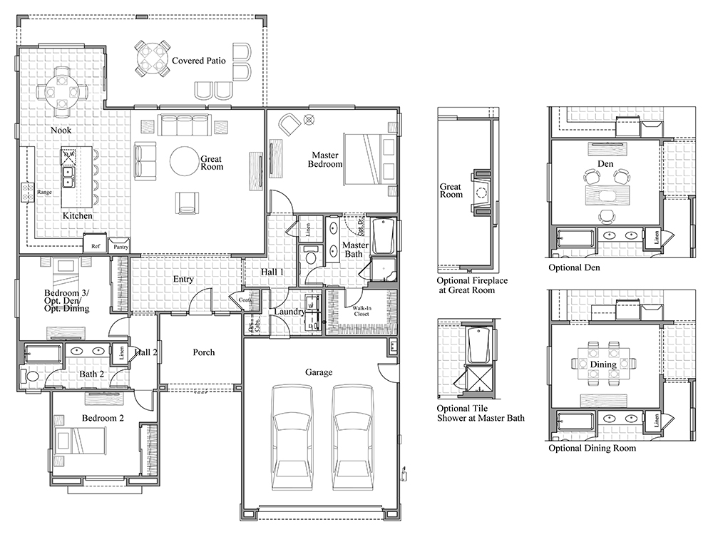 Black and white floor plan of a single-story house with three bedrooms, two bathrooms, kitchen, nook, great room, laundry, porch, garage, covered patio, and optional layouts for a den, dining room, and fireplace.