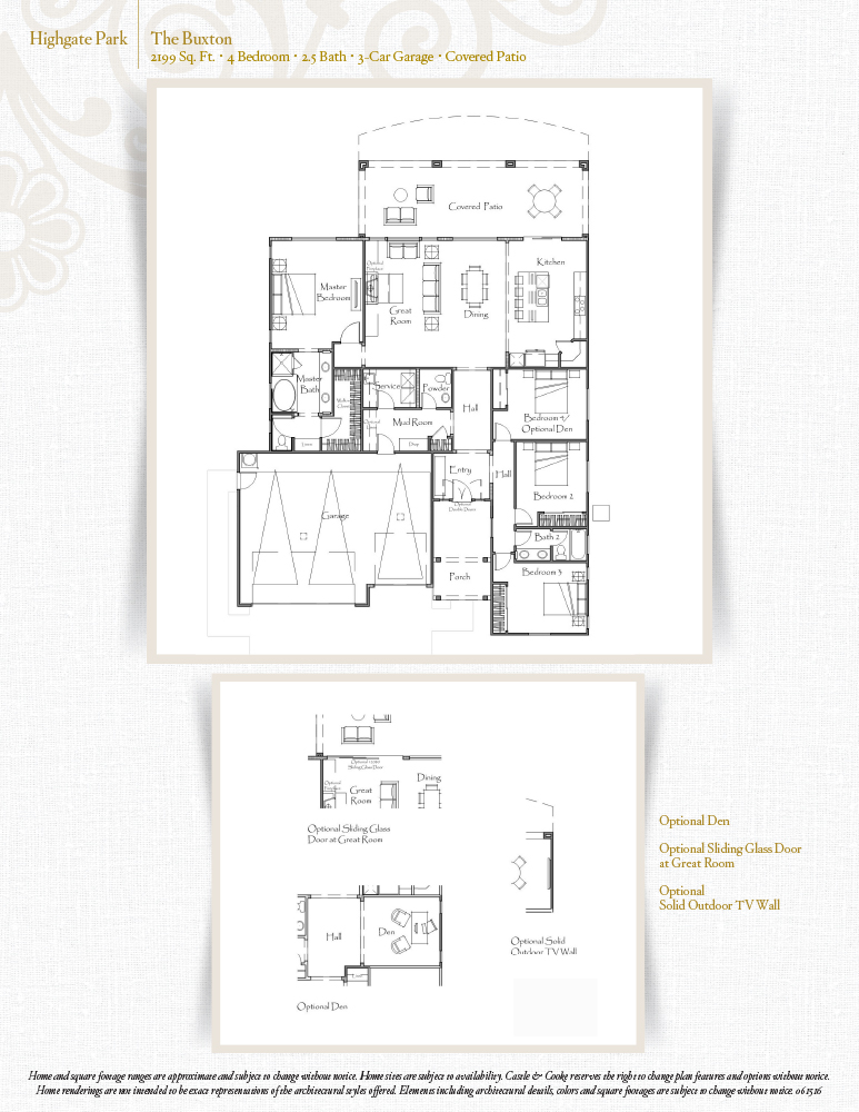 Floor plan for a single-story home labeled "The Buxton," showing 4 bedrooms, 3 bathrooms, a 3-car garage, central living spaces, a kitchen, covered patio, and optional den. Includes dimensions and room arrangements.