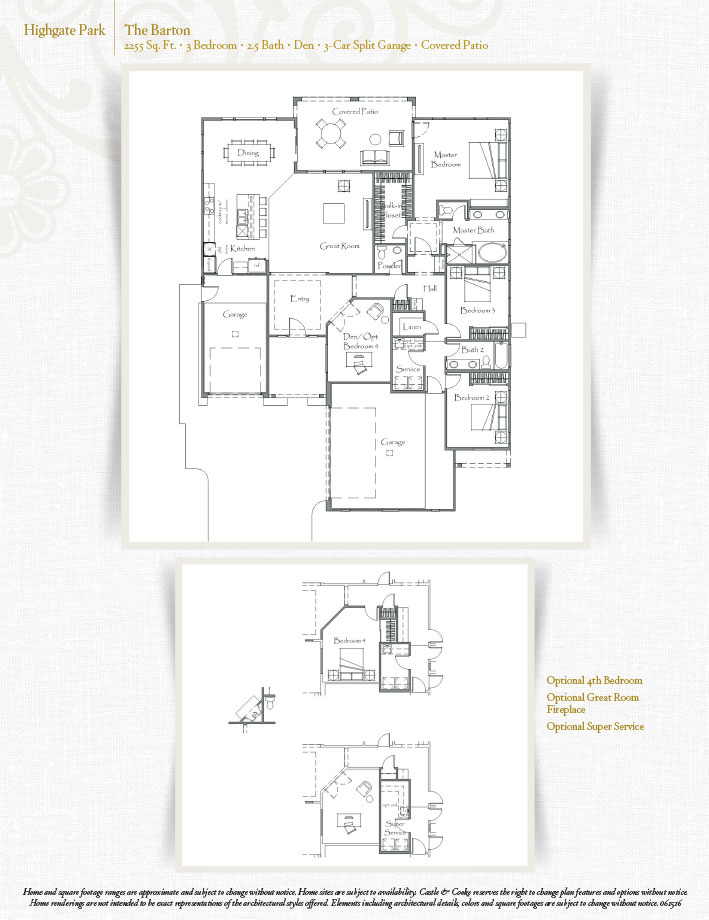 Floor plans for a single-story house with four bedrooms, 4.5 baths, den, great room, 3-car split garage, and covered patio. Optional 4th bedroom, optional great room fireplace, and optional super service.