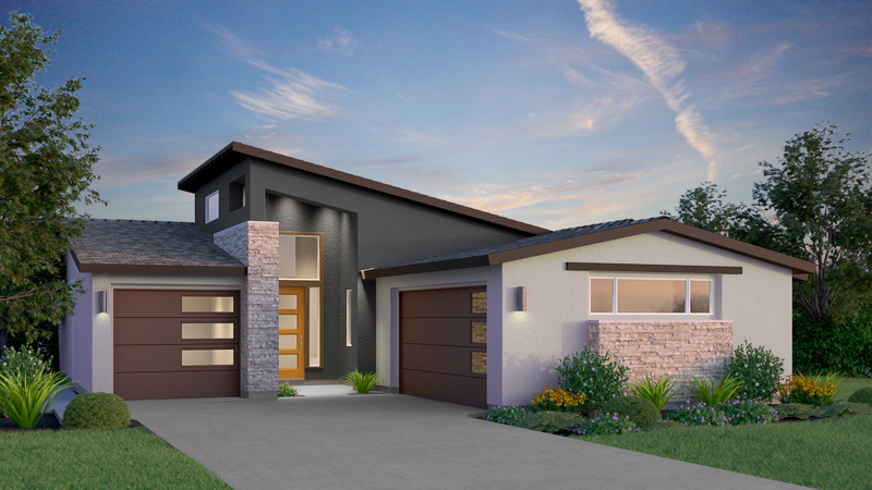 Modern single-story house with large windows, a mix of dark and light exterior colors, stone accents, two garages, and landscaped front yard under a blue sky with wispy clouds.