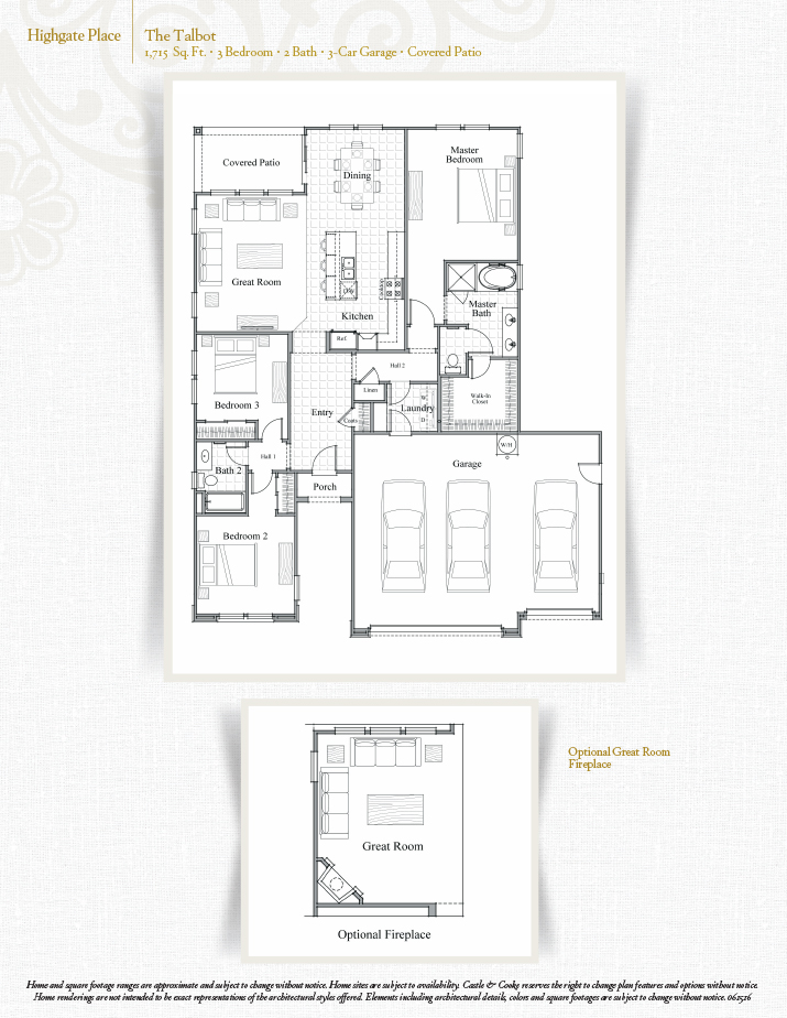Floor plan of a house showing 3 bedrooms, 3 bathrooms, kitchen, dining, living spaces, a pantry, laundry, a covered patio, and a 3-car garage. An inset shows an optional great room with a fireplace.