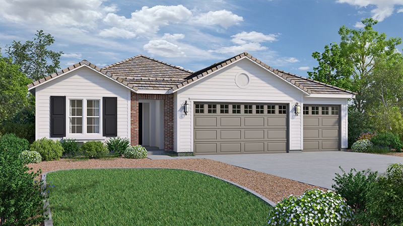 Single-story suburban house with white siding, brick accent, three-car garage, dark shutters, front lawn, and landscaped bushes under a partly cloudy sky.