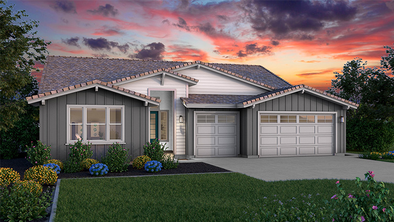 A single-story suburban house with a three-car garage and grey siding at sunset.