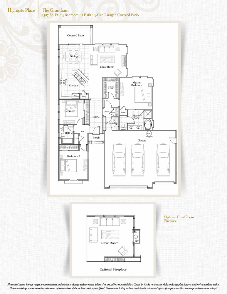 Floor plan for “The Grantham” at Highgate Place, featuring 3 bedrooms, 2 baths, and a 3-car garage, with an optional great room fireplace layout shown below.