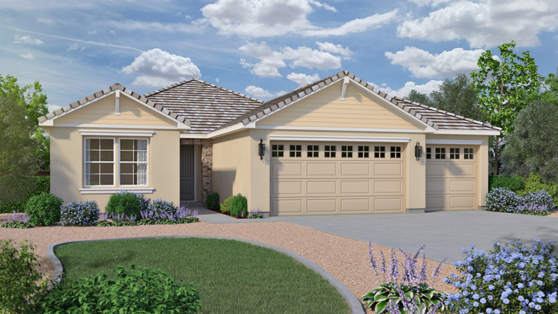 A single-story tan house with a three-car garage and a landscaped front yard.