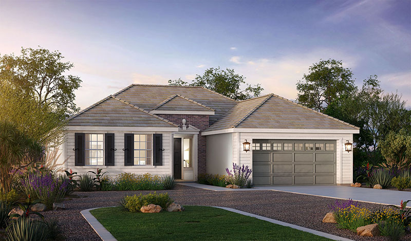 A one-story suburban home with a two-car garage, light-colored siding, and a gravel front yard.